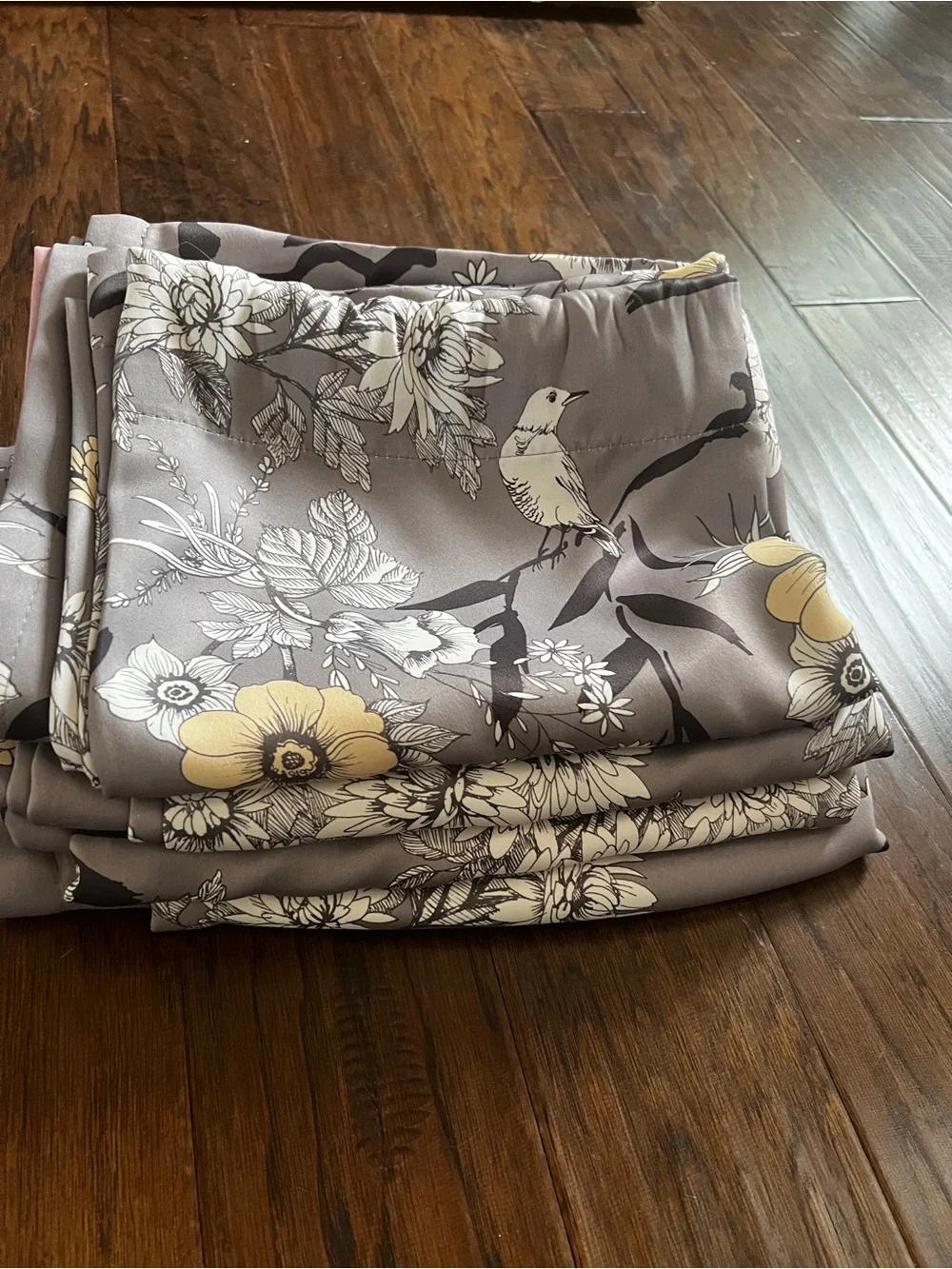4 Floral Satin Curtain Panels in Gray with Yellow Accents